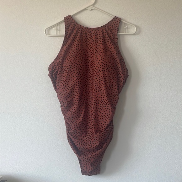 Kona Sol Brown Spotted Print High Neck Ruched One Piece Swimsuit - Picture 3 of 9
